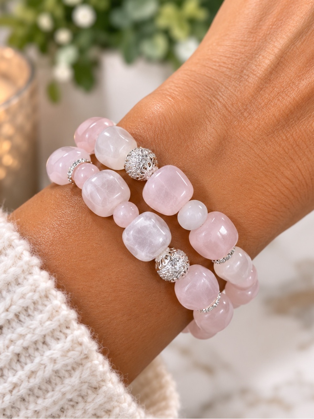 💐 Rose Quartz Bracelet Stack • 2-Piece Set